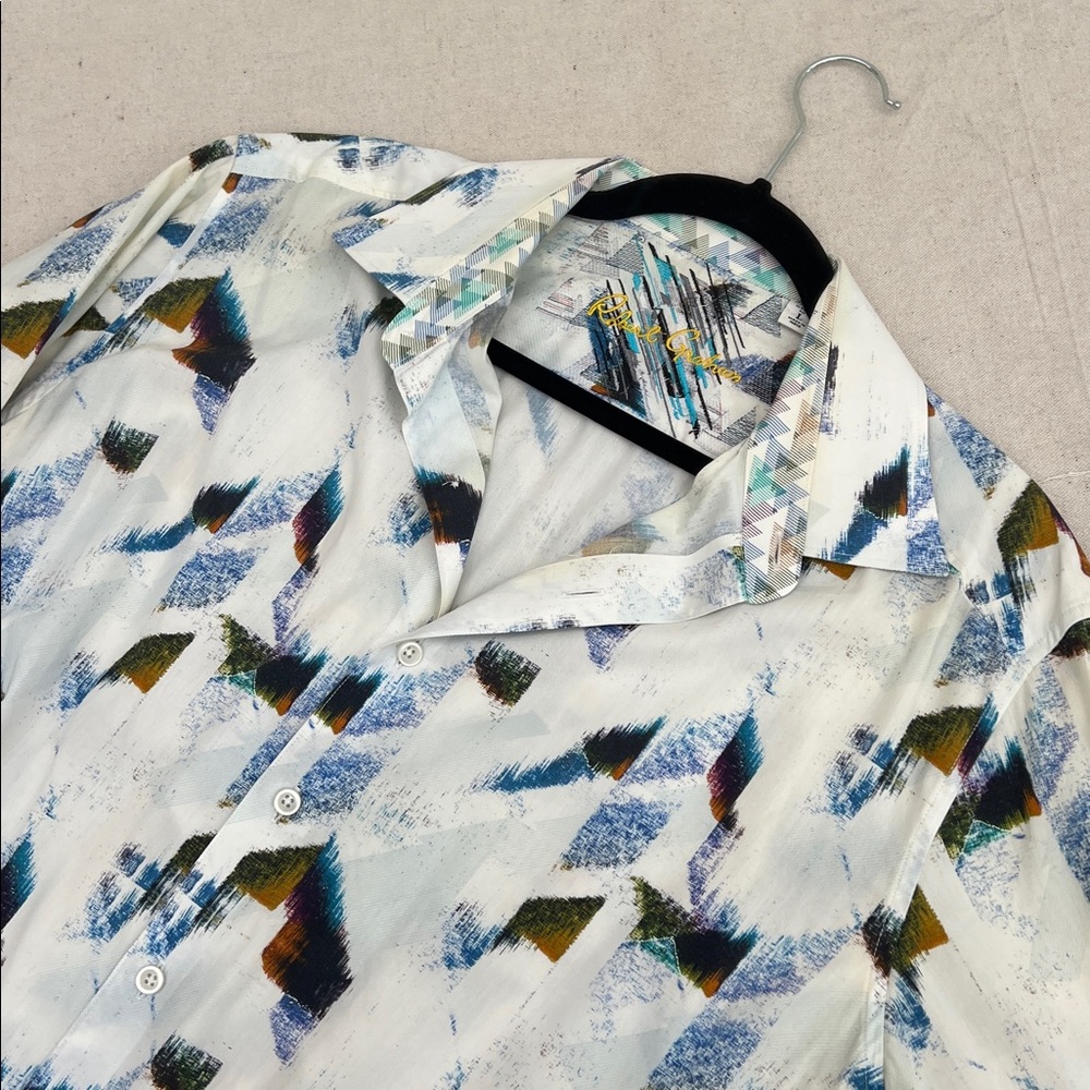 Robert Graham White Button-Up Shirt with Blue and Green Abstract Print